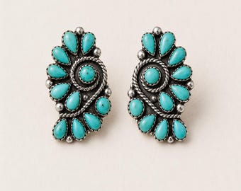 Kingman Turquoise Statement Earrings, Sterling Silver Cluster Earrings, Handmade Navajo Style Jewelry, Boho Western Earrings,Turquoise Studs
