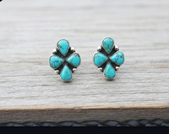 Genuine Turquoise Studs - 925 Sterling Silver Studs - Half Cluster Studs - Pear Shaped Turquoise Studs - Turquoise Statement Studs