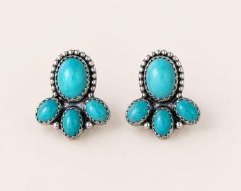 Kingman Mohave Turquoise Cluster Studs, Genuine Turquoise Studs Earrings, 925 Sterling Silver Earrings, Handmade Southwestern Jewelry women