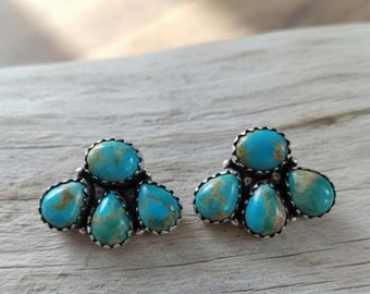 Genuine Turquoise Studs - 925 Sterling Silver Studs - Half Cluster Studs - Pear And Oval Shaped Turquoise Studs - Turquoise Statement Studs