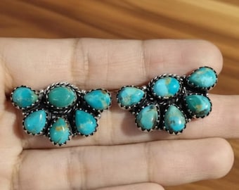 Genuine Turquoise Studs - 925 Sterling Silver Studs - Half Cluster Studs - Pear And Oval Shaped Turquoise Studs - Turquoise Statement Studs