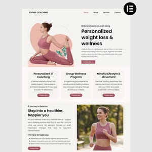 May include: A website design for Sophia Coaching, featuring a woman in activewear, promoting personalized weight loss and wellness. The site includes sections on coaching, wellness programs, and mindful lifestyle.