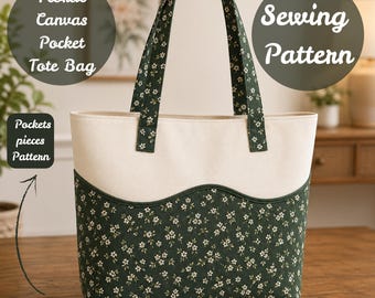 Floral Canvas Pocket Tote Bag Sewing Pattern PDF, Beginner Friendly, Tote Bag with Pockets, DIY Shoulder Bag Pattern + Step by Step Photo.