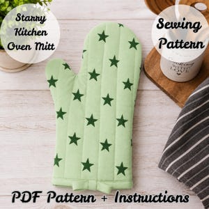 May include: A light green quilted oven mitt featuring a repeating pattern of dark green five-pointed stars. The mitt has vertical stitching lines and a small fabric loop at the base. The text Starry Kitchen Oven Mitt and Sewing Pattern PDF Pattern + Instructions is visible.