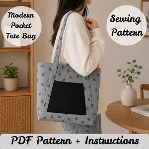 Puede incluir: Un bolso tote de mezclilla con un bolsillo negro y un estampado floral. El bolso tiene forma rectangular con asas y el texto "Modern Pocket Tote Bag" y "PDF Pattern + Instructions".