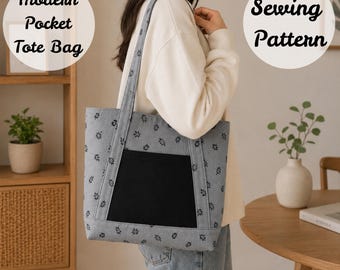 Modern Pocket Tote Bag Sewing Pattern PDF, Large & Medium Tote Bag Size, Beginner Friendly DIY Bag Tutorial, Digital Download.