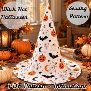 May include: A white witch hat featuring a repeating Halloween pattern of orange jack-o'-lanterns, black bats, white ghosts, and crescent moons. The text "Witch Hat Halloween Sewing Pattern" and "PDF Pattern + Instructions" is visible on the image.