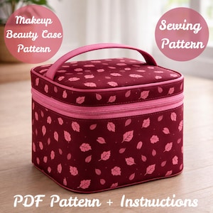 Pode incluir: Um padrão de estojo de maquiagem bordô com zíper, alça e estampa de folhas rosa. O texto na imagem diz "Makeup Beauty Case Pattern", "Sewing Pattern" e "PDF Pattern + Instructions".