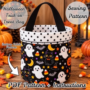 May include: A cylindrical fabric bag featuring a black background with a pattern of white ghosts, black cats, orange pumpkins, yellow moons, and candy corn. The bag has a white rim with black polka dots and a black handle. Text reads Halloween Trick or Treat Bag, Sewing Pattern, Bottom Circle Pattern, and PDF Pattern + Instructions.