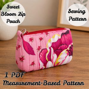 May include: Pink quilted zip pouch with a floral design in shades of pink, red, and white. The pouch has a red zipper and a small loop. Text on the image says "Sweet Bloom Zip Pouch" and "Sewing Pattern".