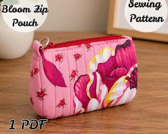 Sweet Bloom Zip Pouch, Sewing Pattern, Measurement Based Card Pouch PDF, Quilted Makeup Bag Tutorial, Easy Zipper Pouch Pattern DIY.