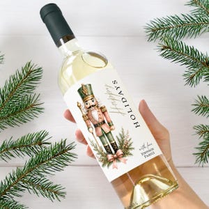 Utskrivbar etikett för vinflaska med nötknäppare till jul, klistermärken med champagneflaska, personliga vinetiketter