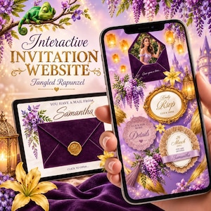 May include: A digital interactive invitation website for a Tangled Rapunzel theme displayed on a smartphone and tablet. The screen features purple velvet envelopes, gold wax seals, floral arrangements with wisteria, and floating lanterns.