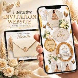 Puede incluir: Un teléfono inteligente y una tableta muestran un sitio web interactivo de invitaciones de boda en color marfil y dorado. Las pantallas presentan arreglos florales, mariposas, un sobre con sello de cera y el texto "Interactive Invitation Website".