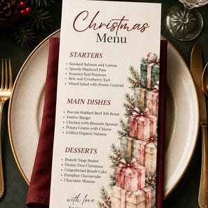Editable template for Christmas menu, Christmas Gift Boxes print, pine green details, gold details (digital download)