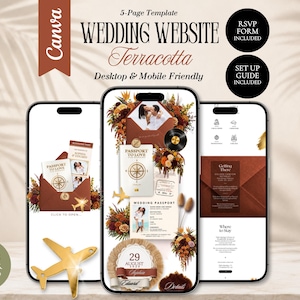 May include: A 5-page wedding website template in a terracotta theme displayed on three smartphones. The design features passport-style invitations, floral arrangements, and travel-themed graphics. Text includes Wedding Website, RSVP Form Included, and Set Up Guide Included.