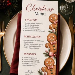 May include: A vertical Christmas menu card on a white background with red text headers and a list of food items. The right side features a vertical illustration of three gingerbread cookies decorated with pink bows and green buttons, with the text Johnson Family.