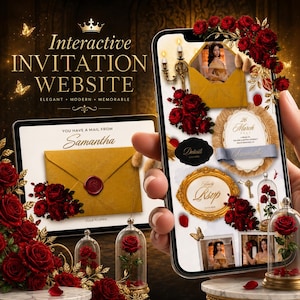 Beauty and the Beast Quinceañera Invitation Website, Interactive Quince Invitation, Digital Invitation, Red Rose Gold Invite, Princess Web