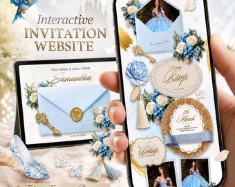 May include: An interactive invitation website displayed on a smartphone and tablet, featuring a Cinderella theme with blue envelopes, gold keys, floral arrangements, a glass slipper, and text including "Interactive INVITATION WEBSITE" and "Kindly RSVP."