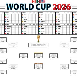 Può includere: Un tabellone per il torneo della Coppa del Mondo 2026 con le bandiere di varie nazioni, tabelle per la fase a gironi, un'icona centrale del trofeo sopra una casella per il campione e spazi per le partite della fase a eliminazione diretta.
