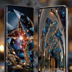 Könnte beinhalten: Zwei Smartphones mit OLED-Bildschirmen. Eines zeigt einen sternförmigen Kristall mit einem galaxieartigen Kern, das andere zeigt einen Kathedraleninnenraum mit blauen rautenförmigen Lichtern. Der Text "OLED BOOM" ist auf einem Telefon sichtbar.