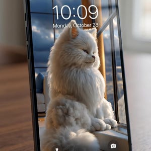 Puede incluir: Un teléfono inteligente muestra un gato blanco y esponjoso junto a una ventana con vistas panorámicas. La pantalla muestra la hora 10:09 y la fecha es lunes 28 de octubre. El teléfono está sobre una superficie de madera.