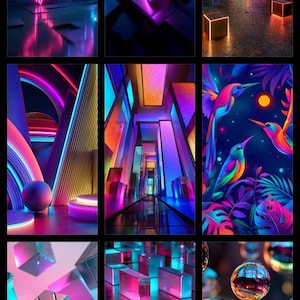 May include: A collection of digital art pieces featuring neon geometric shapes and abstract landscapes. The images use vibrant pink, blue, and purple hues, with glowing lines and 3D effects. Spheres, cubes, and triangular forms are prominent.