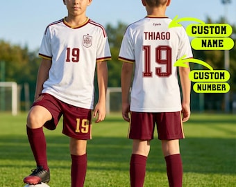 Equipación de fútbol de España, nombre y número personalizados, camiseta de España, equipación de fútbol, camiseta infantil personalizada, conjunto de fútbol de España para niños, regalo para niños y niñas.