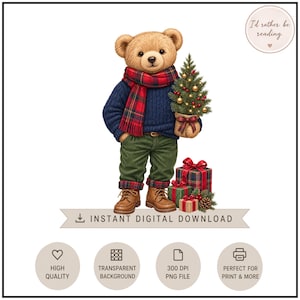 Pode incluir: Um urso de peluche castanho claro veste uma camisola de malha azul-marinho, um cachecol xadrez vermelho e verde e calças de veludo cotelê verdes. O urso segura uma pequena árvore de Natal decorada. Três presentes embrulhados estão aos seus pés. Texto: I'd rather be reading.