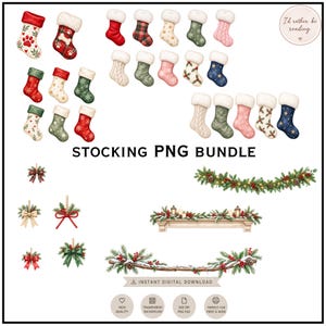 Può includere: Una collezione digitale di calze natalizie, ghirlande di pino e fiocchi. Le calze presentano vari motivi come tartan, stelle e agrifoglio. Il set include decorazioni vegetali con pigne e bacche, con la scritta STOCKING PNG BUNDLE.