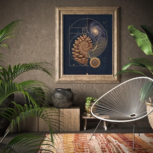 Golden Ratio Sacred Geometry Canvas Print, Fibonacci Spiral Wall Art, Navy Gold Science Poster