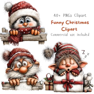 May include: Digital illustration set featuring a penguin in a red hat and scarf, a gnome with glasses, and a sleeping elf on a gift box. Text reads: 40+ PNGs Clipart, Funny Christmas Clipart, Commercial use included. The characters have detailed fur and textures.