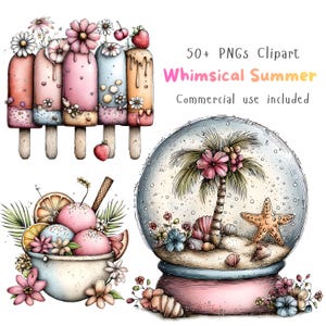 Pode incluir: Um conjunto de ilustrações digitais com cinco picolés decorados com flores e frutas, uma taça de sorvete com fatias de frutas cítricas e folhas de palmeira, e um globo de neve com uma palmeira e estrela-do-mar, com o texto 50+ PNGs Clipart Whimsical Summer.