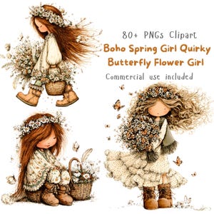 Boho Spring Butterfly Girl Clipart, Watercolor Whimsical Cottagecore PNG Bundle, Feminine Floral Portrait Illustration, Nursery Wall Decor