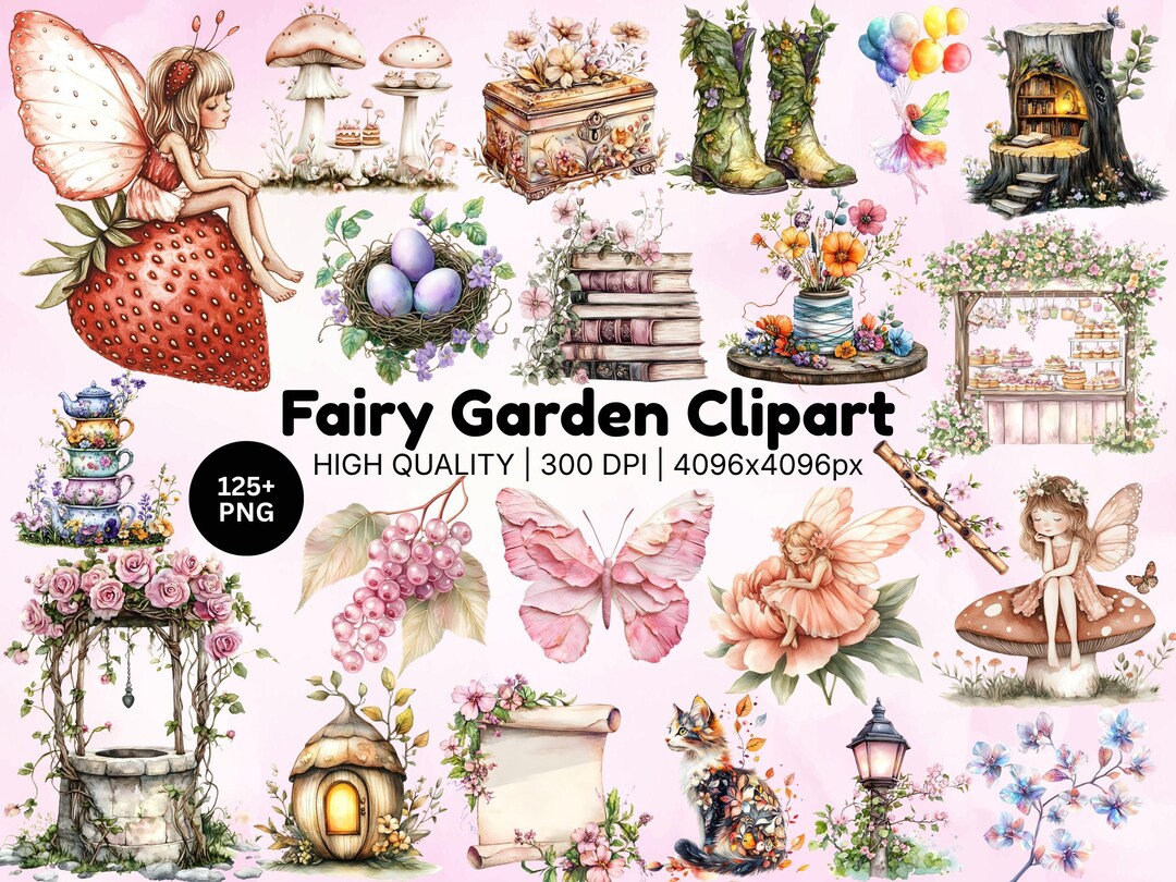 Fairy Garden Clipart PNG Bundle, Whimsical Fairy Clipart, Cottagecore ...