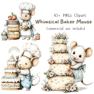 May include: Watercolor clipart featuring whimsical baker mice. The image includes illustrations of mice in chef hats and aprons, baking cakes and preparing pastries. The text reads "Whimsical Baker Mouse" and "45+ PNGs Clipart".