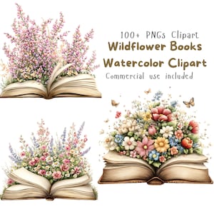 Akwarelowe kliparty z książkami o dzikich kwiatach, stos książek Cottagecore Floral w formacie PNG, ilustracja botaniczna w stylu vintage, pobieranie dziennika śmieci