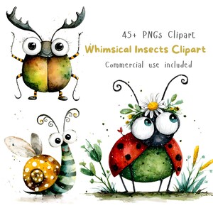 May include: Digital illustration set featuring three cartoon insects: a brown beetle with large eyes and antlers, a snail with a yellow spotted shell, and a red ladybug with black spots wearing a white daisy crown. Text reads 45+ PNGs Clipart.