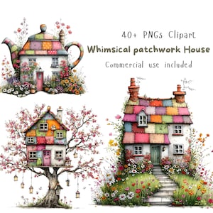 May include: Digital illustration set featuring a teapot-shaped house, a treehouse, and a cottage, all with patchwork roofs and floral landscaping. Text reads: 40+ PNGs Clipart Whimsical patchwork House Commercial use included.