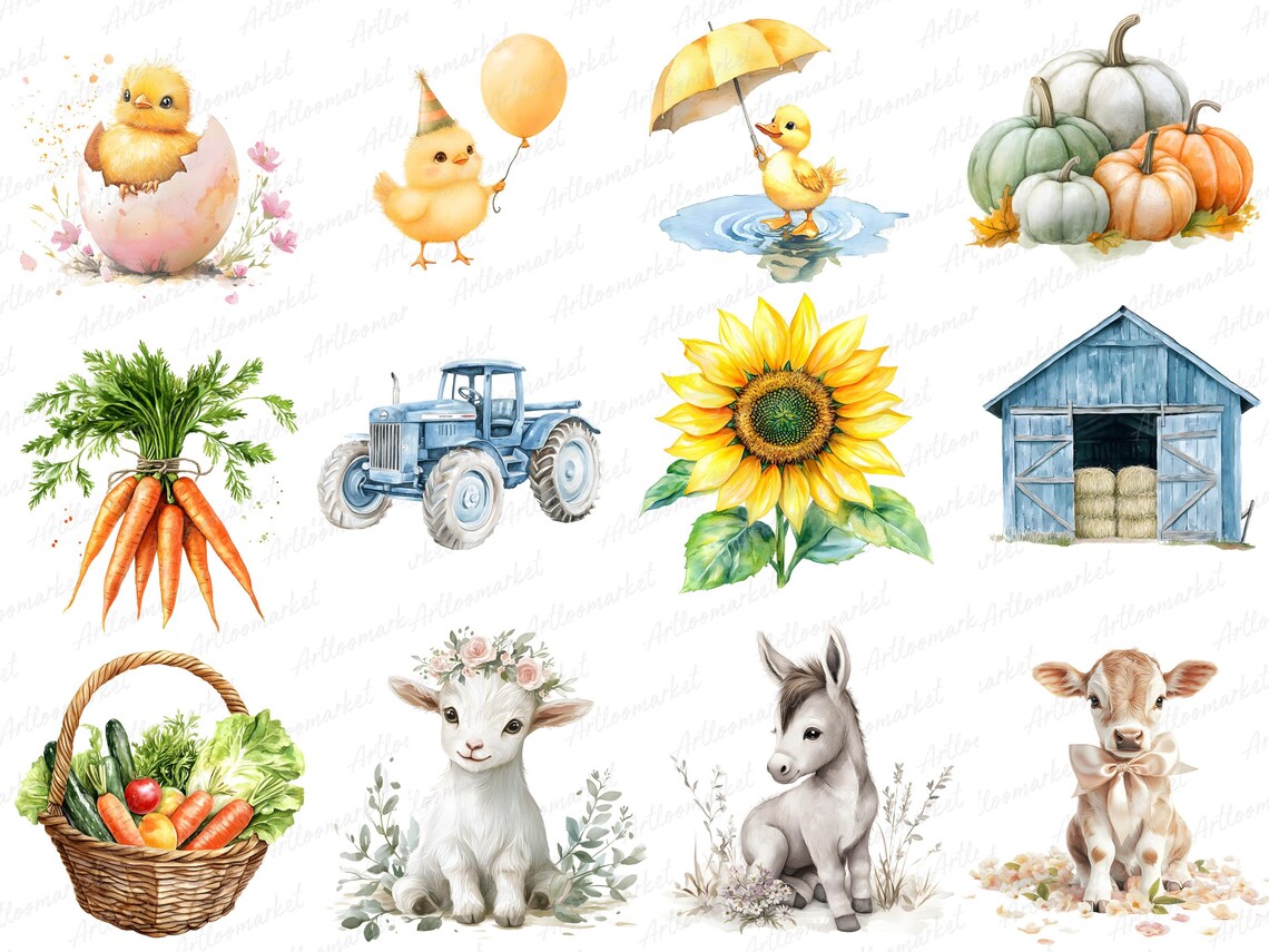 Watercolor Farm Animal Clipart Bundle, 60+ PNG Barnyard Animals and ...