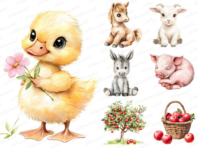 Watercolor Farm Animal Clipart Bundle, 60+ PNG Barnyard Animals and ...