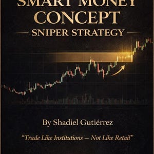 May include: A book cover with a dark background and gold text. The title reads "SMART MONEY CONCEPT - SNIPER STRATEGY." Below, it says "By Shadiel Gutiérrez." The book's theme is trading and finance.