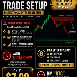 May include: A promotional graphic for a BTC trade setup, featuring the text "BTC TRADE SETUP" in gold lettering. The image includes financial analysis charts, alerts, and instructions to DM "BTC" for access. The graphic highlights a high probability opportunity.