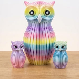 Puede incluir: Tres figuras de b&uacute;hos coloridos. El b&uacute;ho m&aacute;s grande es un arco&iacute;ris de colores, con rayas rosas, amarillas y azules. Dos b&uacute;hos m&aacute;s peque&ntilde;os, uno rosa y otro azul, flanquean al m&aacute;s grande. Todos tienen ojos negros y un pico blanco.