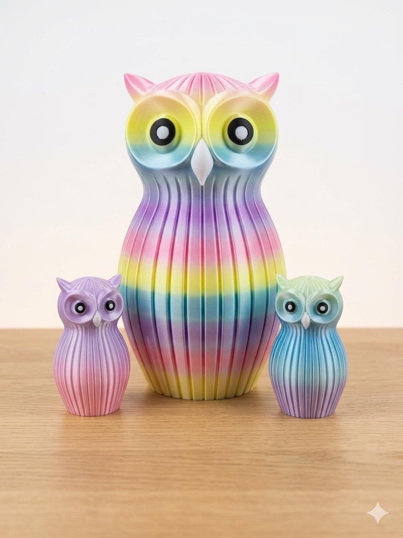 Puede incluir: Tres figuras de b&uacute;hos coloridos. El b&uacute;ho m&aacute;s grande es un arco&iacute;ris de colores, con rayas rosas, amarillas y azules. Dos b&uacute;hos m&aacute;s peque&ntilde;os, uno rosa y otro azul, flanquean al m&aacute;s grande. Todos tienen ojos negros y un pico blanco.