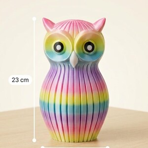 Puede incluir: Figura de b&uacute;ho colorida, de aproximadamente 23 cm de alto y 12 cm de ancho, con un dise&ntilde;o de rayas arco&iacute;ris. El b&uacute;ho tiene ojos grandes y peque&ntilde;as plumas en las orejas. La figura es de material liso y est&aacute; sobre una superficie de madera.