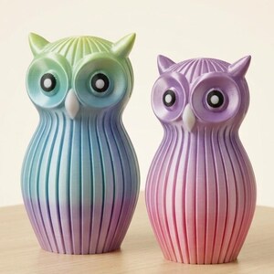 Puede incluir: Dos figuras decorativas de b&uacute;hos. El b&uacute;ho de la izquierda hace la transici&oacute;n de verde a azul a morado. El b&uacute;ho de la derecha hace la transici&oacute;n de morado a rosa. Ambos tienen ojos grandes y l&iacute;neas verticales.