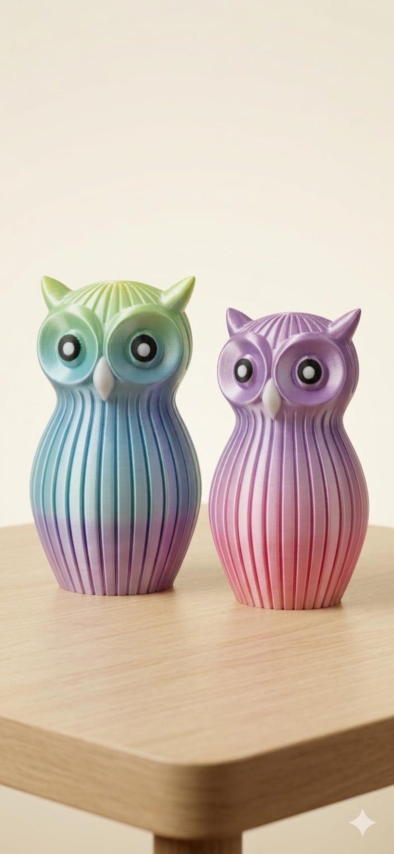 Puede incluir: Dos figuras decorativas de b&uacute;hos. El b&uacute;ho de la izquierda hace la transici&oacute;n de verde a azul a morado. El b&uacute;ho de la derecha hace la transici&oacute;n de morado a rosa. Ambos tienen ojos grandes y l&iacute;neas verticales.