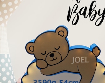 Lámpara de noche personalizada para bebé, lámpara de oso para habitación infantil con detalles de nacimiento, lámpara de noche hecha de PLA, regalo para nacimiento, bautizo, baby shower, decoración LED