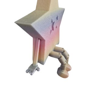 May include: A whimsical star-shaped figurine with articulated arms and legs. The star features a gradient of colors, transitioning from beige to pink and blue. The arms and legs are a light beige color, and the hands are gray.